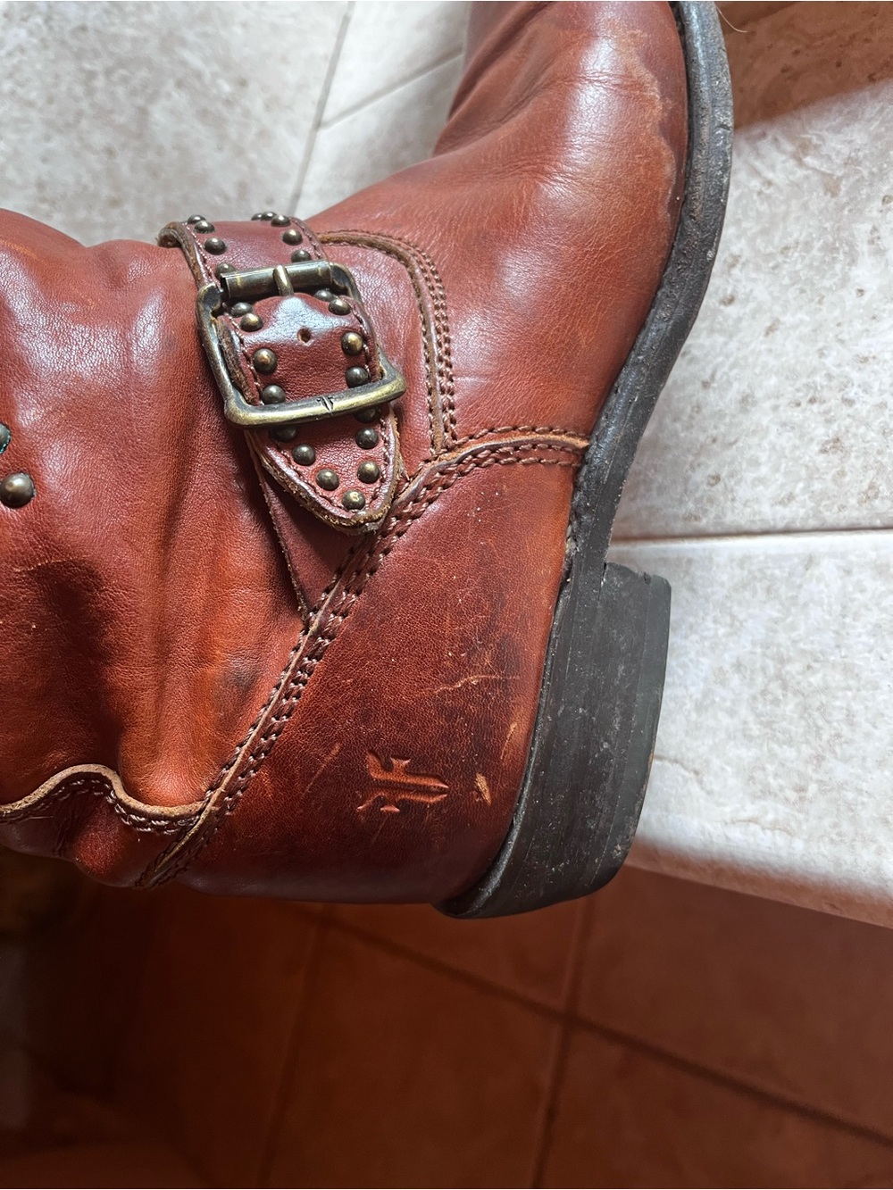 Frye Burnt Orange Leather Boots with Brass Studs - Picture 6 of 7